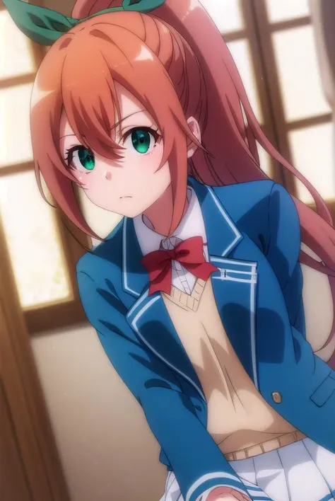 fruitofevolutionlulune, <lora:fruitofevolution lulune s2-lora-nochekaiser:1>,
lulune, long hair, brown hair, ribbon, (green eyes:1.3), hair ribbon, ponytail,
BREAK skirt, bow, school uniform, jacket, blazer,
BREAK indoors, classroom,
BREAK looking at viewer,
BREAK <lyco:GoodHands-beta2:1>, (masterpiece:1.2), best quality, high resolution, unity 8k wallpaper, (illustration:0.8), (beautiful detailed eyes:1.6), extremely detailed face, perfect lighting, extremely detailed CG, (perfect hands, perfect anatomy),