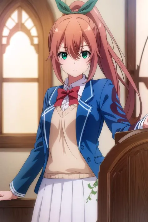 fruitofevolutionlulune, <lora:fruitofevolution lulune s2-lora-nochekaiser:1>,
lulune, long hair, brown hair, ribbon, (green eyes:1.3), hair ribbon, ponytail,
BREAK skirt, bow, school uniform, jacket, blazer,
BREAK indoors, classroom,
BREAK looking at viewer,
BREAK <lyco:GoodHands-beta2:1>, (masterpiece:1.2), best quality, high resolution, unity 8k wallpaper, (illustration:0.8), (beautiful detailed eyes:1.6), extremely detailed face, perfect lighting, extremely detailed CG, (perfect hands, perfect anatomy),