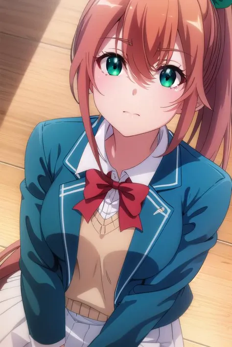 fruitofevolutionlulune, <lora:fruitofevolution lulune s2-lora-nochekaiser:1>,
lulune, long hair, brown hair, ribbon, (green eyes:1.3), hair ribbon, ponytail,
BREAK skirt, bow, school uniform, jacket, blazer,
BREAK indoors, classroom,
BREAK looking at viewer,
BREAK <lyco:GoodHands-beta2:1>, (masterpiece:1.2), best quality, high resolution, unity 8k wallpaper, (illustration:0.8), (beautiful detailed eyes:1.6), extremely detailed face, perfect lighting, extremely detailed CG, (perfect hands, perfect anatomy),
