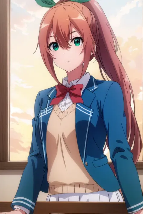 fruitofevolutionlulune, <lora:fruitofevolution lulune s2-lora-nochekaiser:1>,
lulune, long hair, brown hair, ribbon, (green eyes:1.3), hair ribbon, ponytail,
BREAK skirt, bow, school uniform, jacket, blazer,
BREAK indoors, classroom,
BREAK looking at viewer,
BREAK <lyco:GoodHands-beta2:1>, (masterpiece:1.2), best quality, high resolution, unity 8k wallpaper, (illustration:0.8), (beautiful detailed eyes:1.6), extremely detailed face, perfect lighting, extremely detailed CG, (perfect hands, perfect anatomy),