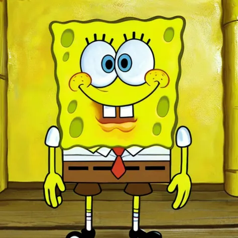 <lora:spongbob:1>, picture of spongbob, yellow, smile, tie, white shirt, brown shorts, masterpiece, best quality, (detailed face, detail skin texture, standing, smiling, looking at the camera, ultra-detailed body)