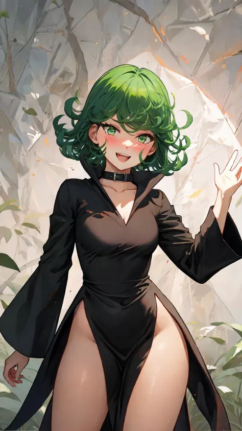 lumen reflections, natural lighting, evocative, triadic color scheme, cowboy shot, elegant, voluptuous:0.6, looking at viewer, 1girl, female, solo, blush, open mouth, smile, teeth, sfw, <lora:opm_tatsumaki:1>, tatsumaki, green hair, medium hair, green eyes, dress, black dress, long sleeve dress, v neck, v neck dress, collar, high collar, high collar on dress, slits, leg slits, leg slits on dress