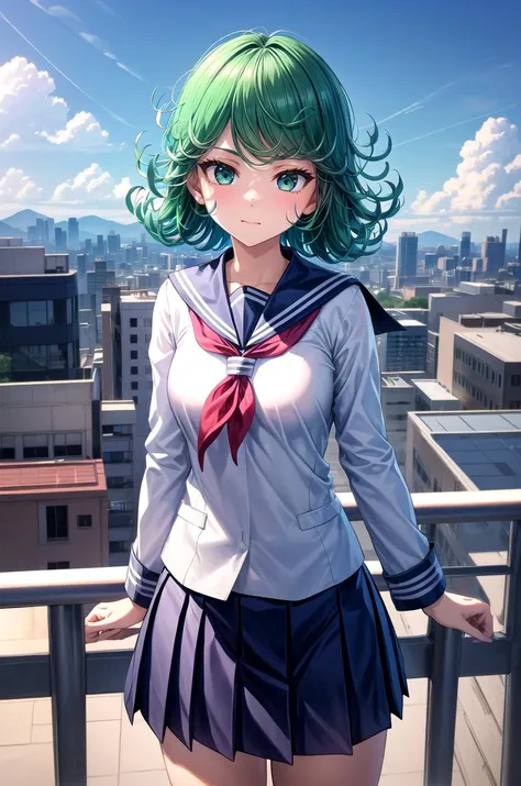 (masterpiece, best quality, detailed), 1girl, solo, cowboy shot, tatsumaki, outdoors, rooftop, day, cityscape, blue sky, cloud, scenery, railing, closed mouth,
school uniform, serafuku, pleated skirt, neckerchief, blazer, kneehighs