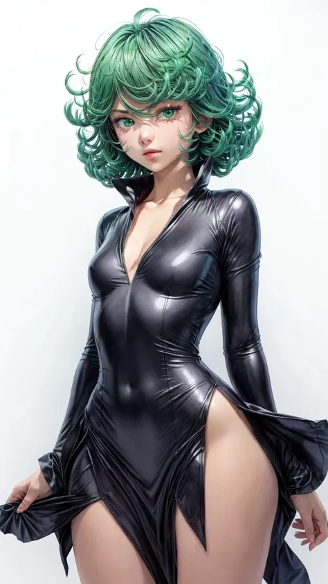 (1girl, solo, masterpiece, 4k, best quality:1.2, (cowboy shot), best quality:1.2, NICE HANDS, COLORFUL, (perfect hands, perfect anatomy)),
tatsumaki, black dress, tight dress, cleavage, ((small breasts, medium hips, looking at the viewer)), pelvic curtain, latex, short hair, green hair,
((simple background, white background)), <lora:GoodHands-vanilla:0.7>