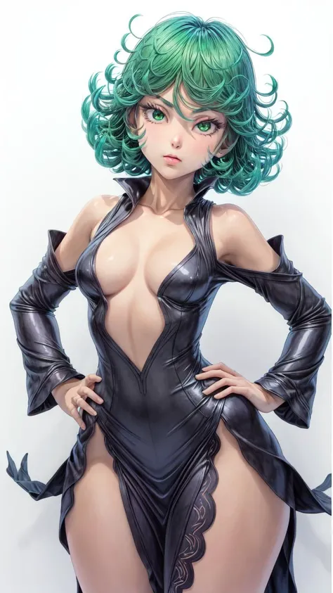 (((Tatsumaki))) (hero aka tornado from One Punch Man) sexy ((tiny breast )) ((lleva un vestido largo))) (((con la pierna descubierta negro ajustado ))) ((Trasero perfecto)), ((cabello verde)), hermosa cara ((imagen cuerpo completo)), que parezca un render de z brush, 8k cuerpo completo , ((Tatsumaki)) sensual cuerpo perfecto perfecto