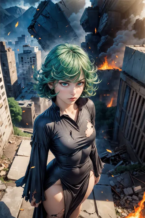 (ultra realistic,32k, masterpiece:1.2),(high detailed skin:1.1),( high quality:1.1),mature adult women,
<lora:opm_tatsumaki:0.8>tatsumaki, green hair,(green eyes:0.5),v-shaped eyebrows,angry, black long dress,long sleeves, solo, 1girl, thick thighs, (tattered torn clothing:1.1),, (looking at viewer, standing, from above:1.1),  ,<lora:add_detail:0.84>,
(beautifully lit:1.1),  destroyed buildings, collapsed buildings,(falling rocks,falling particles:1.1),fire, smoke,  blurry background