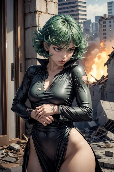 (ultra realistic,32k, masterpiece:1.2),(high detailed skin:1.1),( high quality:1.1),mature adult women,
<lora:opm_tatsumaki:0.8>tatsumaki, green hair,(green eyes:0.5),v-shaped eyebrows,angry, black long dress,long sleeves, solo, 1girl, thick thighs, (tattered torn clothing:1.1),, fighting stance pose,<lora:add_detail:0.86>,
(radiant:1.1), destroyed buildings, collapsed buildings,(falling rocks,falling particles:1.1),fire, smoke, blurry background
