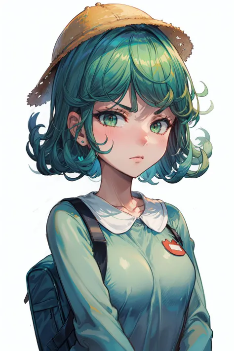 masterpiece,best quality,1girl,tatsumaki,green hair,green eyes,kindergarten_uniform,yellow hat,red school bag,half-closed eyes,angry,<lora:opm_tatsumaki:0.8>,<lora:LKKw_LionDiv61024Px:1>,