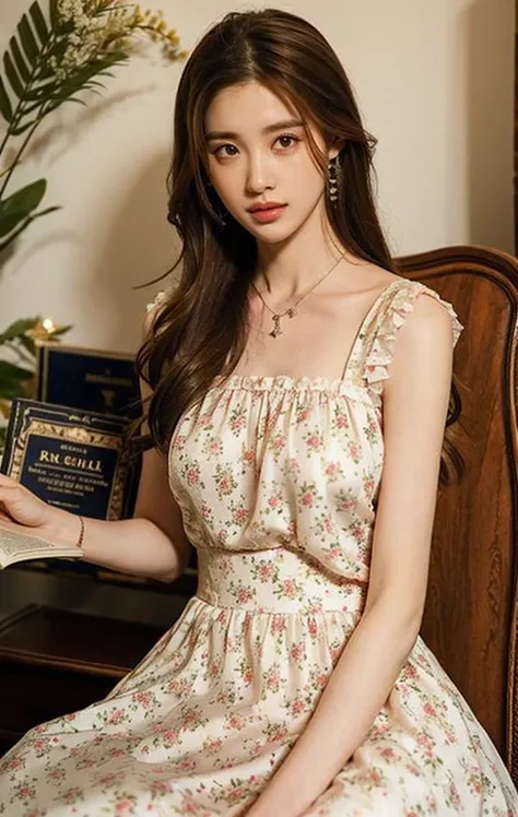 1girl, solo, necklace, long hair, jewelry, brown hair, dress, sitting, pillow, realistic, white dress, lips, holding, print dress, floral print, sleeveless, brown eyes, parted lips, book, sleeveless dress,
<lora:zipai:0.85>