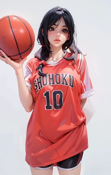 1girl,basketball,red_basketball_uniform, black_eyes, black_hair, clothes_writing_10, grey_background, holding_ball, jersey, lips, long_hair, realistic, solo, <lora:blindbox_v1_mix:0.85> <lora:zipai:0.35>