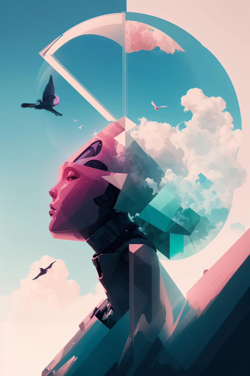 nvdreampunk, plastic woman, daylight sky, bird, abstract geometry, mixed media, <lora:nvdreampunk:1>
