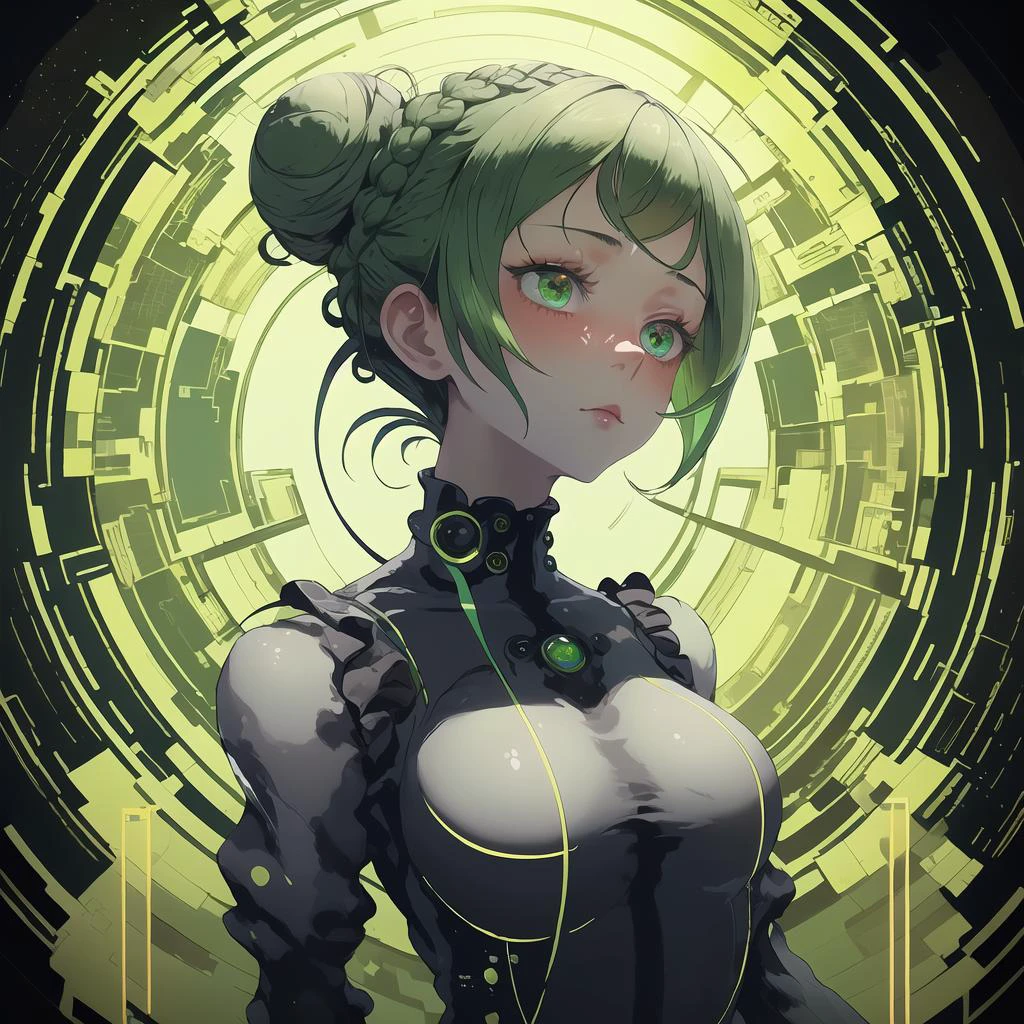 masterpiece, best quality, 1girl, floating, hair bun, braid, emerald hair, big eyes, detailed eyes, pretty face, sophisticated hairstyle, exhausted, void <lora:nvdreampunk:1.2> nvdreampunk, abstract surrealism, heavenly judgement, bureaucracy <lora:Dreamwave v3:0.8> dreamwave, aesthetic, full body, eternity, glitch