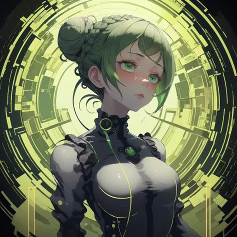 masterpiece, best quality, 1girl, floating, hair bun, braid, emerald hair, big eyes, detailed eyes, pretty face, sophisticated hairstyle, exhausted, void <lora:nvdreampunk:1.2> nvdreampunk, abstract surrealism, heavenly judgement, bureaucracy  <lora:Dreamwave v3:0.8> dreamwave, aesthetic, full body, eternity, glitch