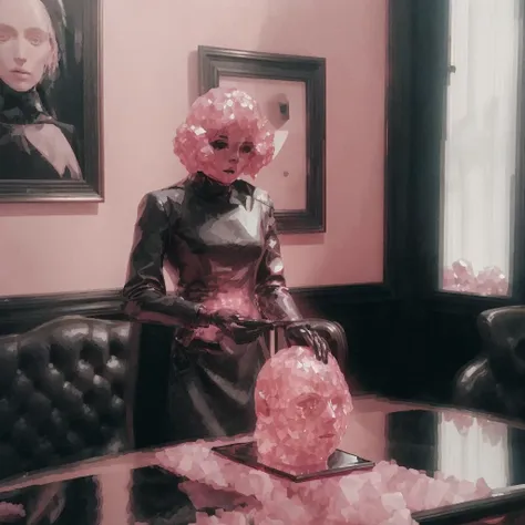 A photo of a person with ((head made of pink crystal)), wearing expensive looking black suit with golden accents and holding a black walking stick. Picture is taken indoors, in a royal tea room. There is a tea set nerby, and exquisity, elegant tapestry in the background.  <lora:nvdreampunk:1.5> nvdreampunk, abstract surrealism, mixed media, abstract geometry