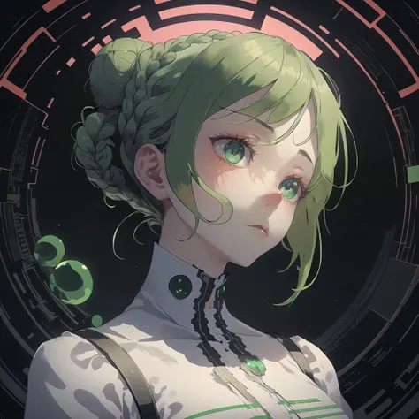 masterpiece, best quality, 1girl, floating, hair bun, braid, emerald hair, big eyes, detailed eyes, pretty face, sophisticated hairstyle, exhausted, void <lora:nvdreampunk:1.2> nvdreampunk, abstract surrealism, heavenly judgement, bureaucracy <lora:Dreamwave v3:0.8> dreamwave, aesthetic, full body, eternity, glitch