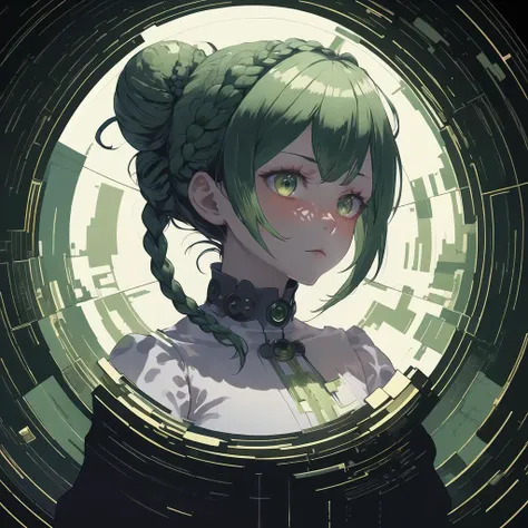 masterpiece, best quality, 1girl, floating, hair bun, braid, emerald hair, big eyes, detailed eyes, pretty face, sophisticated hairstyle, exhausted, void <lora:nvdreampunk:1.2> nvdreampunk, abstract surrealism, heavenly judgement, bureaucracy  <lora:Dreamwave v3:0.8> dreamwave, aesthetic, full body, eternity, glitch