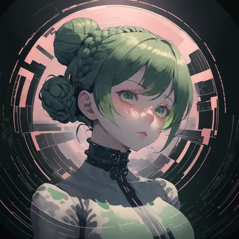 masterpiece, best quality, 1girl, floating, hair bun, braid, emerald hair, big eyes, detailed eyes, pretty face, sophisticated hairstyle, exhausted, void <lora:nvdreampunk:1.2> nvdreampunk, abstract surrealism, heavenly judgement, bureaucracy  <lora:Dreamwave v3:0.8> dreamwave, aesthetic, full body, eternity, glitch