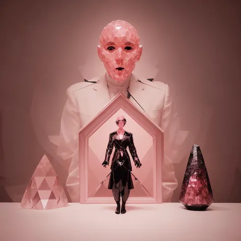 A photo of a person with ((head made of pink crystal)), wearing expensive looking black suit with golden accents and holding a black walking stick. Picture is taken indoors, in a royal tea room. There is a tea set nerby, and exquisity, elegant tapestry in the background. <lora:nvdreampunk:1.5> nvdreampunk, abstract surrealism, mixed media, abstract geometry