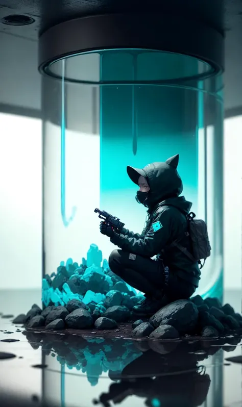 , (solitary Investigator:1.2), nvdreampunk, (abstract surrealism:1.2), Turquoise Blue, <lora:nvdreampunk:0.8>, high gloss, dreamlike, reflections, close-up