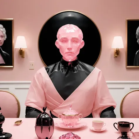 A photo of a person with ((head made of pink crystal)), wearing expensive looking black suit with golden accents and holding a black walking stick. Picture is taken indoors, in a royal tea room. There is a tea set nerby, and exquisity, elegant tapestry in the background.  <lora:nvdreampunk:1.5> nvdreampunk, abstract surrealism, mixed media, abstract geometry