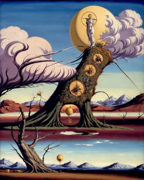 Steampunk the edge of my universe, A clock in the style of the artist Salvatore Dali, with hanging hands and a decayed clockwork hanging over a branch. The dial features a beautiful line art drawing of a completely naked woman with large breasts and a hairy vagina. She has a nice pose where her body is clearly visible, even if it is only the face of the clock. Extreme sharp, 8K, perfect drawing, perfect painting, sharp illustration
