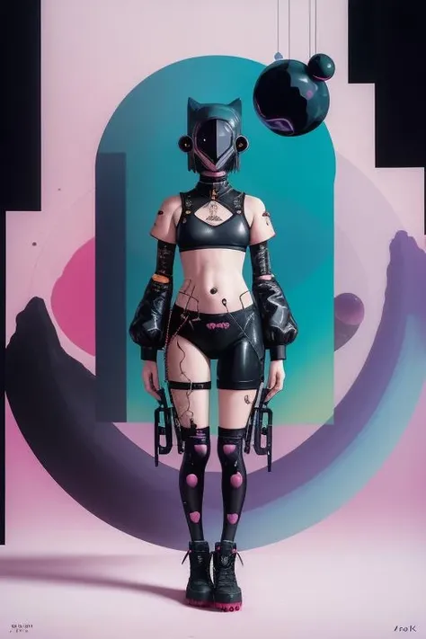 nvdreampunk, (abstract surrealism:1.2), graffiti, full body, vogue pose, belly button,  streetwear, mixed media, abstract geometry, high gloss,    <lora:nvdreampunk:1>