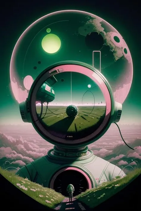 nvdreampunk, (abstract surrealism:1.2), retro electronics, astronaut, circles, meadow,  green grass, mixed media, abstract geometry, high gloss,    <lora:nvdreampunk:1>