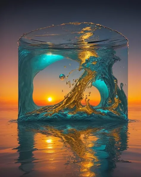 golden sunset, liquid flow, bubbles, saturated colors, abstract surrealism, abstract geometry