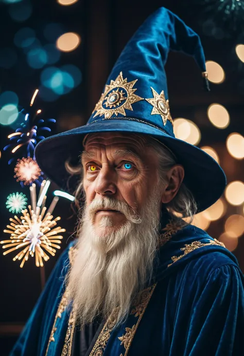 photography, realistic, a cool vintage photo of an old wizard in a blue robe, retro photography, film grain, face closeup, fireworks, wearing a complicated hat, beautiful bokeh lights, dof, realistic skin texture, skin details, portrait, high resolution, intricate details