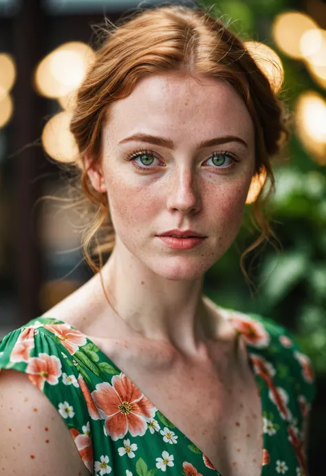 photography, realistic, a beautiful portrait photo of an Irish woman, wearing a floral dress, green eyes, freckles, beautiful bokeh lights, dof, realistic skin texture, skin details, pretty makeup, aesthetic, portrait, high resolution, intricate details