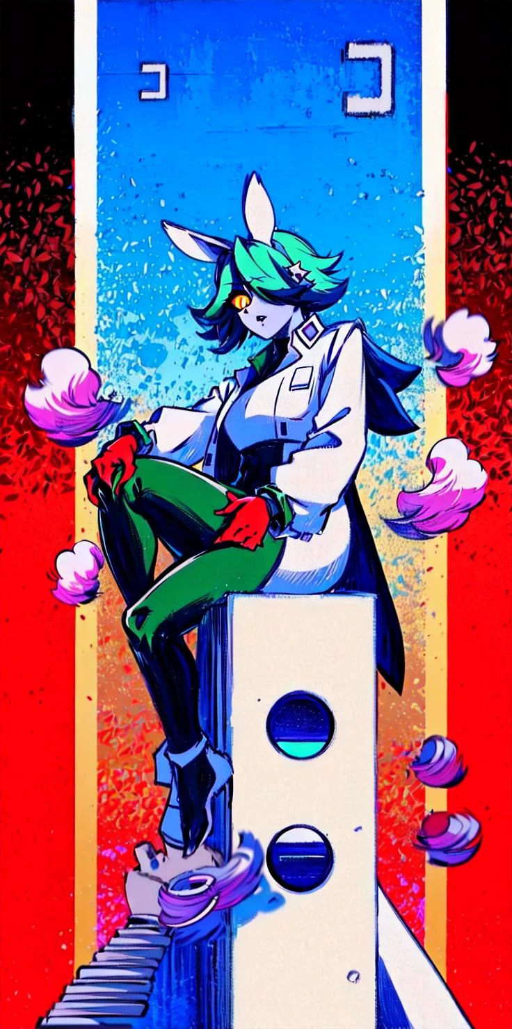 solo, 1girl, (white long fluffy bunny ears.1.5), green hair, <lyco:GoodHands-beta2:1.0>, <lyco:image_compositionLoCon:1.0>,black military uniform, jacket, jet black skirt, red tie, oversized mechanical gauntlets, claws on fingers, (red glowing eyes:1.5), violence, <lyco:Robotaction:0.2>, debris, motion lines, speed lines, <lora:urbantechwear:0.35>, techwear, outfit, mechanical limbs, exciting camera angle, MenacingJojo, text, <lora:MenacingJojo:1>, red eyes, full armor, power armor, mecha, gundam, (PALE SKIN:1.25), <lora:add_detail:0.35>, nice hands, perfect hands, military jacket, overcoat,
<lora:OmoriStyle:1.0>