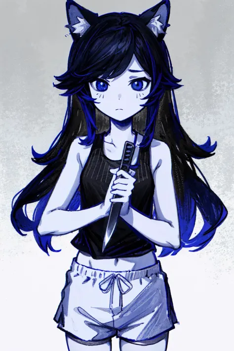 masterpiece, best quality, 1girl, monochrome, black and white, long hair, black hair, animal ears, emotionless, black tanktop, white shorts, striped shorts, vertical stripes, kitchen knife, <lora:OmoriStyle:0.8>