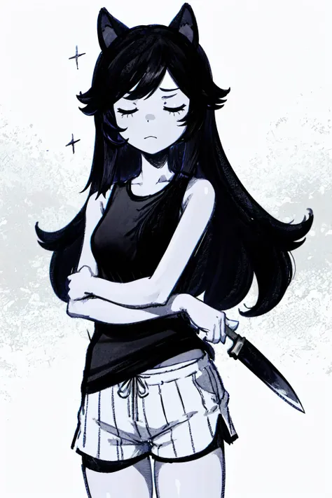 masterpiece, best quality, 1girl, monochrome, black and white, long hair, black hair, animal ears, emotionless, black tanktop, white shorts, striped shorts, vertical stripes, kitchen knife, <lora:OmoriStyle:0.9>