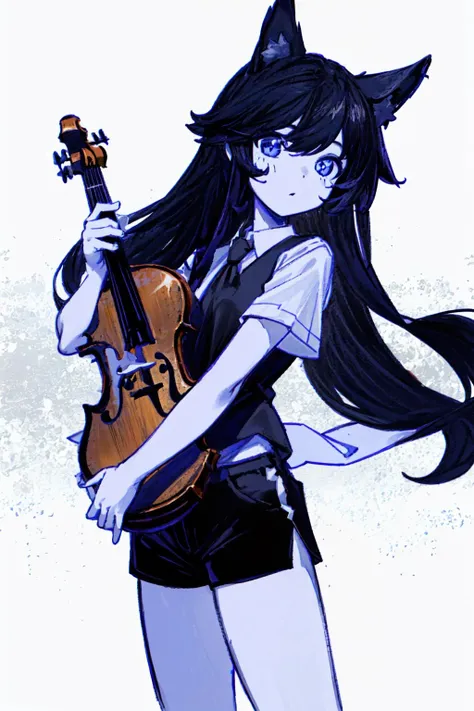 masterpiece, best quality, 1girl, monochrome, black and white, white background, long hair, black hair, animal ears, white collared shirt, short sleeves, black vest, black shorts, violin, <lora:OmoriStyle:0.9>