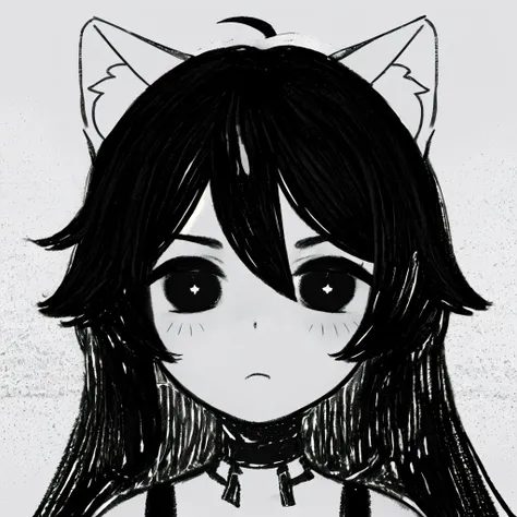 masterpiece, best quality, black and white, monochrome, headshot, 1girl, long hair, black hair, animal ears, emotionless, omori, <lora:OmoriStyle:1>