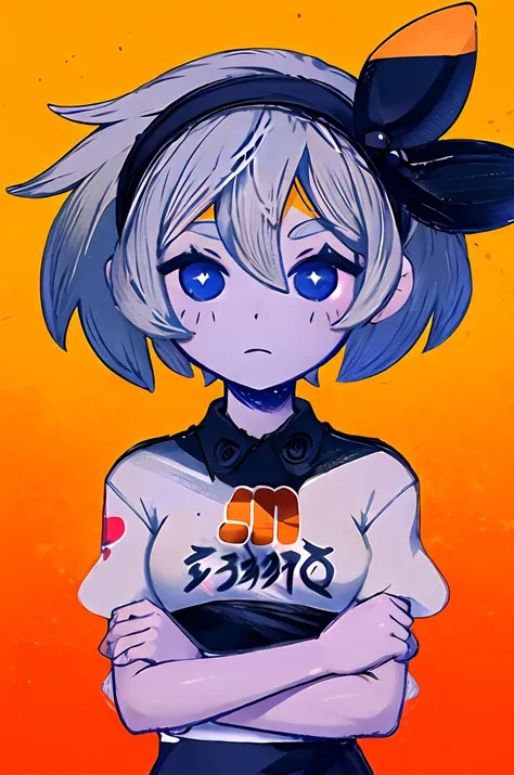 masterpiece, best quality, headshot, 1girl, orange background, omori, bea \(pokemon\), bow hairband, print shirt <lora:OmoriStyle:0.9> <lora:SaitouV1-000013:1>