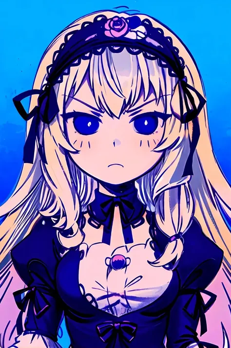 masterpiece, best quality, headshot, 1girl, blue background, omori, suigintou, XXXXXX hairband, detached collar, juliet sleeves, angry, XXXXXX fashion, black dress <lora:OmoriStyle:0.9> <lora:SuigintouV4_1-000014-32:1>