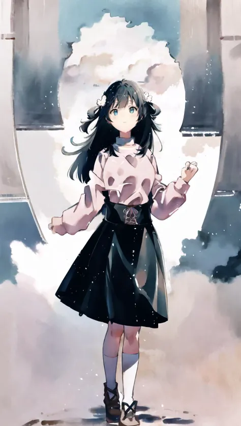 highest quality, masterpiece, ((ultra-detailed)),(illustration),dynamicangle,floating,white boarders, cloudy borders, 
<lora:Character - Nene Amano (Production Kawaii) [Vtuber] v1.0:1>, (((Nene Amano:1.2))), hair ornament, looking at viewer, floating_hair, black skirt, pink shirt, cleavage, skirt, large breasts, clothing cutout, cleavage cutout,
clouds in background, blue sky, white clouds, sky, sun, heaven, walking on clouds, clouds below,  
<lora:Style - Anime Tarot Card Art Style v3.1:0.9>, <lora:Style - Colorwater v4:1>