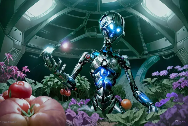 txendo, blueglow, a t-x endoskeleton picking tomatoes in a garden in a space ship, lonely, intricate, highly detailed, solo