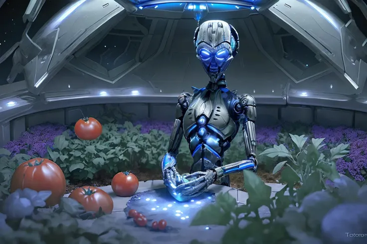 txendo, blueglow, a t-x endoskeleton picking tomatoes in a garden in a space ship, lonely, intricate, highly detailed, solo