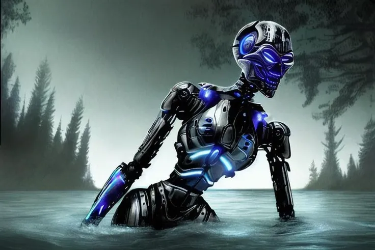 txendo, a black t-x endoskeleton with blueglow climbing out of the water at night with a forest in the background, fighting, war, post apocalyptic, intricate, highly detailed, realistic
