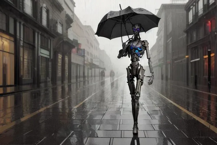 txendo, a t-x endoskeleton standing in the rain on a dimly lit street and holding an umbrella, intricate, highly detailed, realistic
