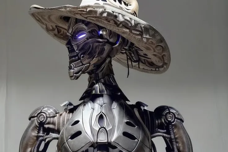 txendo, a t-x endoskeleton wearing a cowboy hat, full body, profile, intricate, highly detailed, realistic