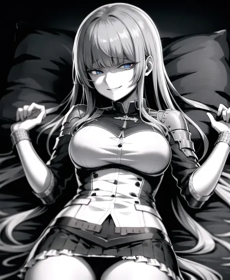 ebiblue, absurdes, best quality, (looking at viewer:1.4), 1girl, crazy+smug+laughing, (armored skirt suit:1.3), on back, lying, greyscale foreground, blue background AND lighting, high quality, digital illustration, poster art