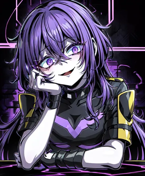 ebiblue, absurdes, best quality, upper body, (looking at viewer:1.4), 1boy, staring, (head tilt:1.2), constricted pupils, crazy smile, (glowing lines, glowing energy seam), crossed legs, dark purple background AND shading, high quality, 2d art style, digital illustration, poster art