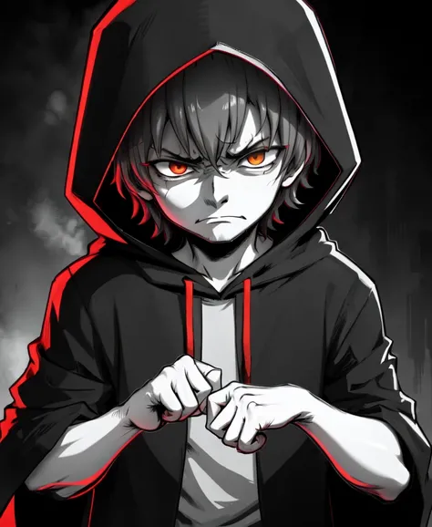 ebiblue, incredibly absurdres, best quality, 4k wallpaper, 1boy, looking at viewer, disgust+disdain+annoyed, hood, greyscale foreground, Light Black color background