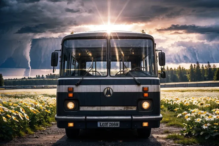 photo RAW,(gel40bo,(winter showstorm:1.3),(1980s:1.3),(old Russia:1.2) landscape,(black parking bus on A tranquil, sunlit field of daisies),sunrays,(bokeh:1.3) <lora:gelios40bokeh_v2:0.5> <lora:laz695:0.7>, dusty atmospheric haze, high quality textures of materials, volumetric textures, coating textures, metal textures, (natural colors, correct white balance, color correction, dehaze,clarity)), masterpiece, award winning photography, natural light, perfect composition, high detail, hyper realistic,lens flare,Timeless Elegance, Classic Tones, Refined Lighting, depth of field,sharp focus, dark theme <lora:lowra_v10:0.06>