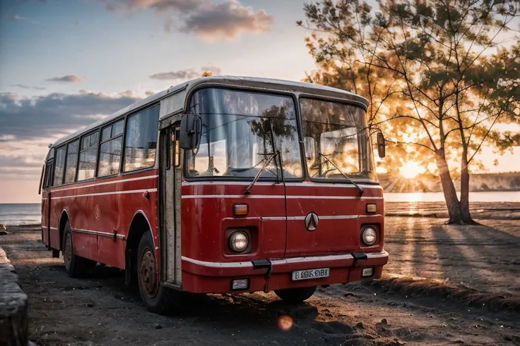 photo RAW,(gel40bo,(summer:1.3),(1980s:1.3),(old Russia:1.2) landscape,(red parking bus on A quiet, moonlit beach with soft waves),sunrays,(bokeh:1.3) <lora:gelios40bokeh_v2:0.5> <lora:laz695:0.7>, dusty atmospheric haze, high quality textures of materials, volumetric textures, coating textures, metal textures, (natural colors, correct white balance, color correction, dehaze,clarity)), masterpiece, award winning photography, natural light, perfect composition, high detail, hyper realistic,lens flare,Timeless Elegance, Classic Tones, Refined Lighting, depth of field,sharp focus, dark theme <lora:lowra_v10:0.06>