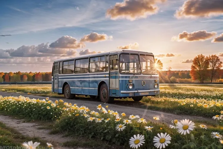 photo RAW,(gel40bo,(autumn:1.3),(1980s:1.3),(old Russia:1.2) landscape,(Light Blue parking bus on A tranquil, sunlit field of daisies),sunrays,(bokeh:1.3) <lora:gelios40bokeh_v2:0.5> <lora:laz695:0.7>, dusty atmospheric haze, high quality textures of materials, volumetric textures, coating textures, metal textures, (natural colors, correct white balance, color correction, dehaze,clarity)), masterpiece, award winning photography, natural light, perfect composition, high detail, hyper realistic,lens flare,Timeless Elegance, Classic Tones, Refined Lighting, depth of field,sharp focus, dark theme <lora:lowra_v10:0.06>