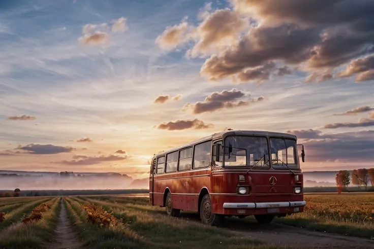 photo RAW,(gel40bo,(autumn:1.3),(1980s:1.3),(old Russia:1.2) landscape,(Crimson parking bus on A tranquil, sunlit field of wheat),sunrays,(bokeh:1.3) <lora:gelios40bokeh_v2:0.5> <lora:laz695:0.7>, dusty atmospheric haze, high quality textures of materials, volumetric textures, coating textures, metal textures, (natural colors, correct white balance, color correction, dehaze,clarity)), masterpiece, award winning photography, natural light, perfect composition, high detail, hyper realistic,lens flare,Timeless Elegance, Classic Tones, Refined Lighting, depth of field,sharp focus, dark theme <lora:lowra_v10:0.06>